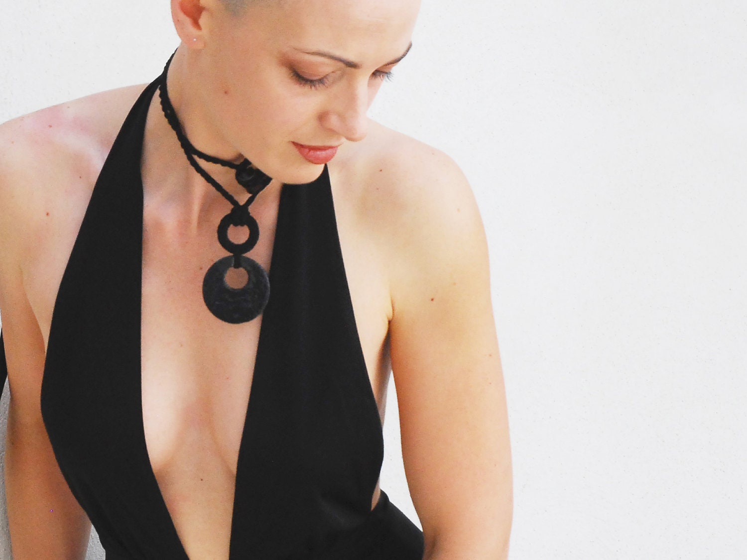 Black necklace pendant / Ceramic raku pendant / Crochet necklace pendant / Circles / Modern necklace / Fashion jewelry