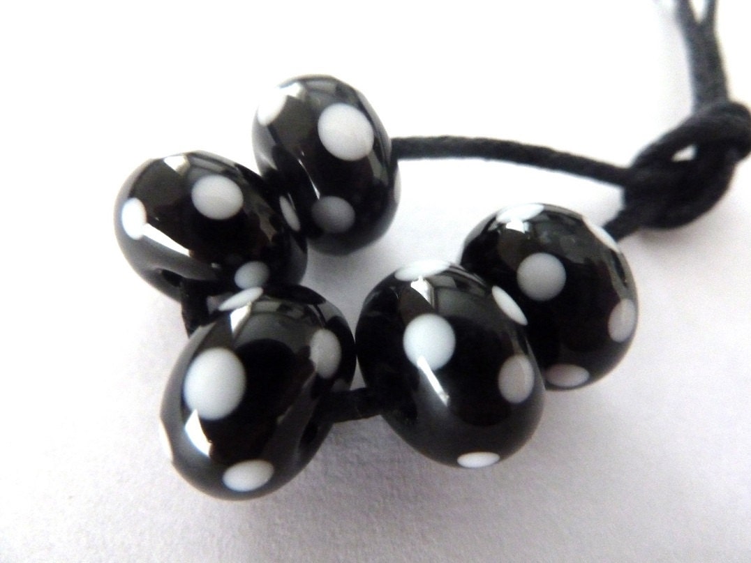 handmade lampwork glass beads, black and white spots