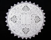 Vintage large linen doily - embroidery, cutwork, lace insets, c.1900