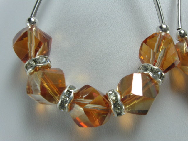 Sale, Orange Peach Swarovski Crystal, Silver Rhinestones Hoop Earrings, Necklace Handmade Handcrafted Beaded Jewelry, Natural Gemstones