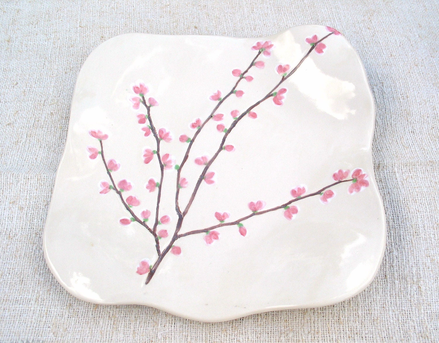 Ceramic plate creamy white pink blossom serving dish handmade painted Sakura Spring time MADE TO ORDER