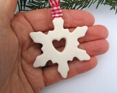 Snowflake decoration White ceramic red gingham ribbon holiday ornament