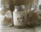 Burlap wedding, VINTAGE lace wedding JARs, Burlap wedding decorations, rustic farm house, shabby chic, country wedding
