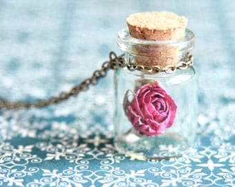 Rose in the bottle necklace - Natural history jewelry - Free Worldwide Shipping - Gift for her under 20 USD