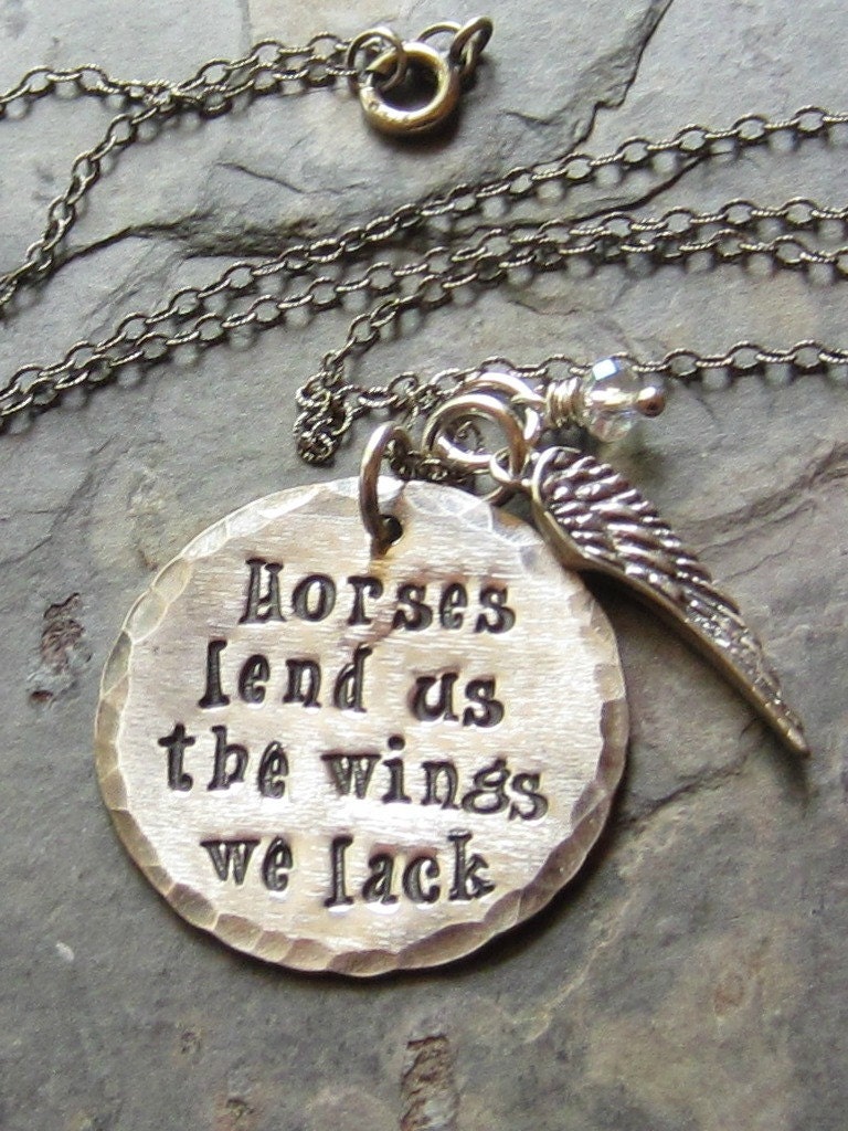 Handstamped Sterling Silver Horse Pendant-Wing Charm-Horses Lend Us The Wings We Lack