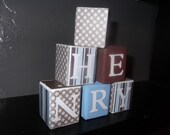 baby blue brown stripe polka dot designer boutique wooden baby blocks - wood nursery blocks - maternity baby photography props -
