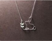 Rabbit and seedling - Sterling Silver Necklace Pendant, Crystal beads
