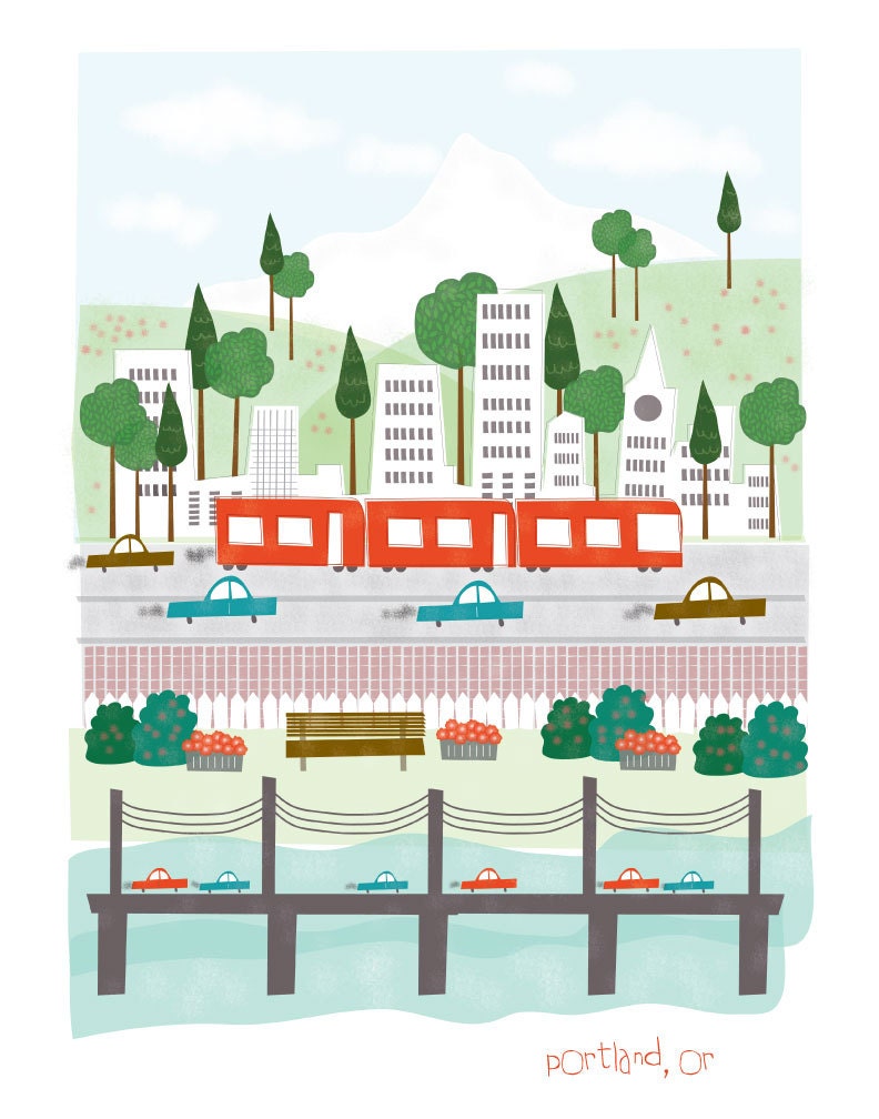 Portland Oregon - 11x14 print - city illustration poster wall decor children nursery art