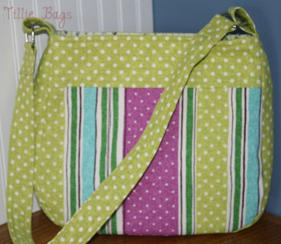 Lime Green, Purple, and Blue Polka Dot Striped Medium Handbag