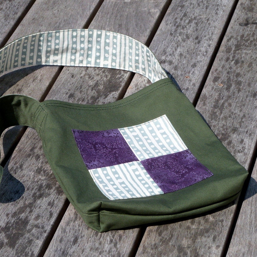 Girls Treasure Bag, Washable Toy Bag, Olive, Purple, and White Handprinted Cotton, Fits 2-7, Free US Shipping