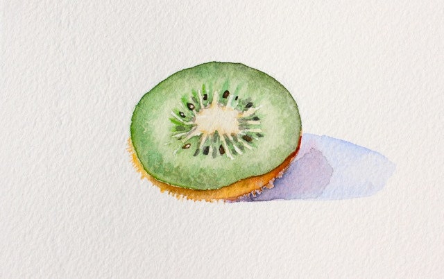 Green Kiwi Painting, Original Artwork, Watercolor Still Life, 3.5 x 5 in. by Heather McCaw