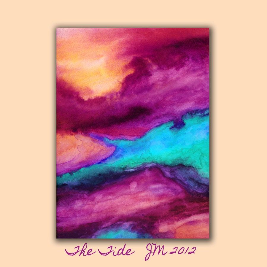 Abstract Watercolor Art Print in colorful vibrant tones, burgundy, turquoise, orange, magenta 11x14