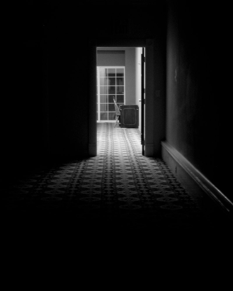 8x10 - Dark Passage - Black and White Noir, Photo Wall Art, Surreal, Minimalist Decor, Classic Horror Inspired, Single Light Hallway - 9thCycleStudios