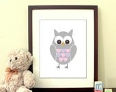 8"x10" Printable Art - "Owl" - in Pale Pink & Lavender - Children's bedroom, playroom or nursery art - JPG -  Instant Download