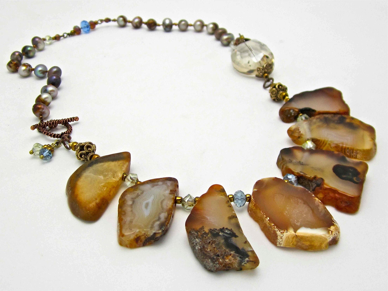 Fall Brown Geode Necklace and Freshwater Pearls with Golden Shadow Crystal
