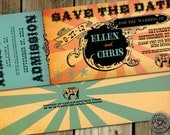 Wedding Save the Date Ticket Invitation for a Circus or Carnival themed wedding or roller coaster birthday party or baby shower