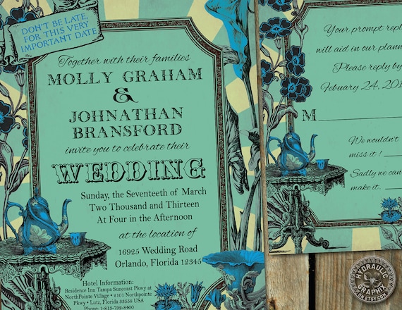 Alice in Wonderland Mad Hatter tea Party Inspired wedding Invitation and RSVP card Il_570xn