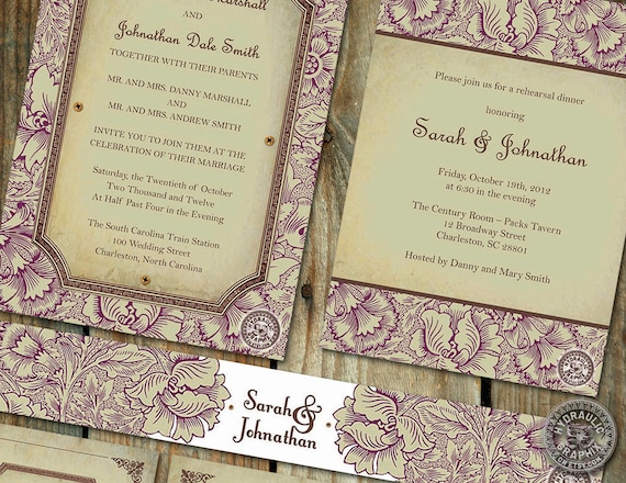 6 Piece Custom Matching Wedding Invitation, Rehearsal Dinner Invitation, Response cards, Reception Card and Sash/Wrap organic, antique Il_570xn