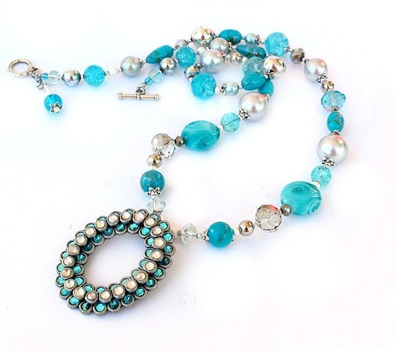 Aqua blue long beaded necklace crystal silver handmade