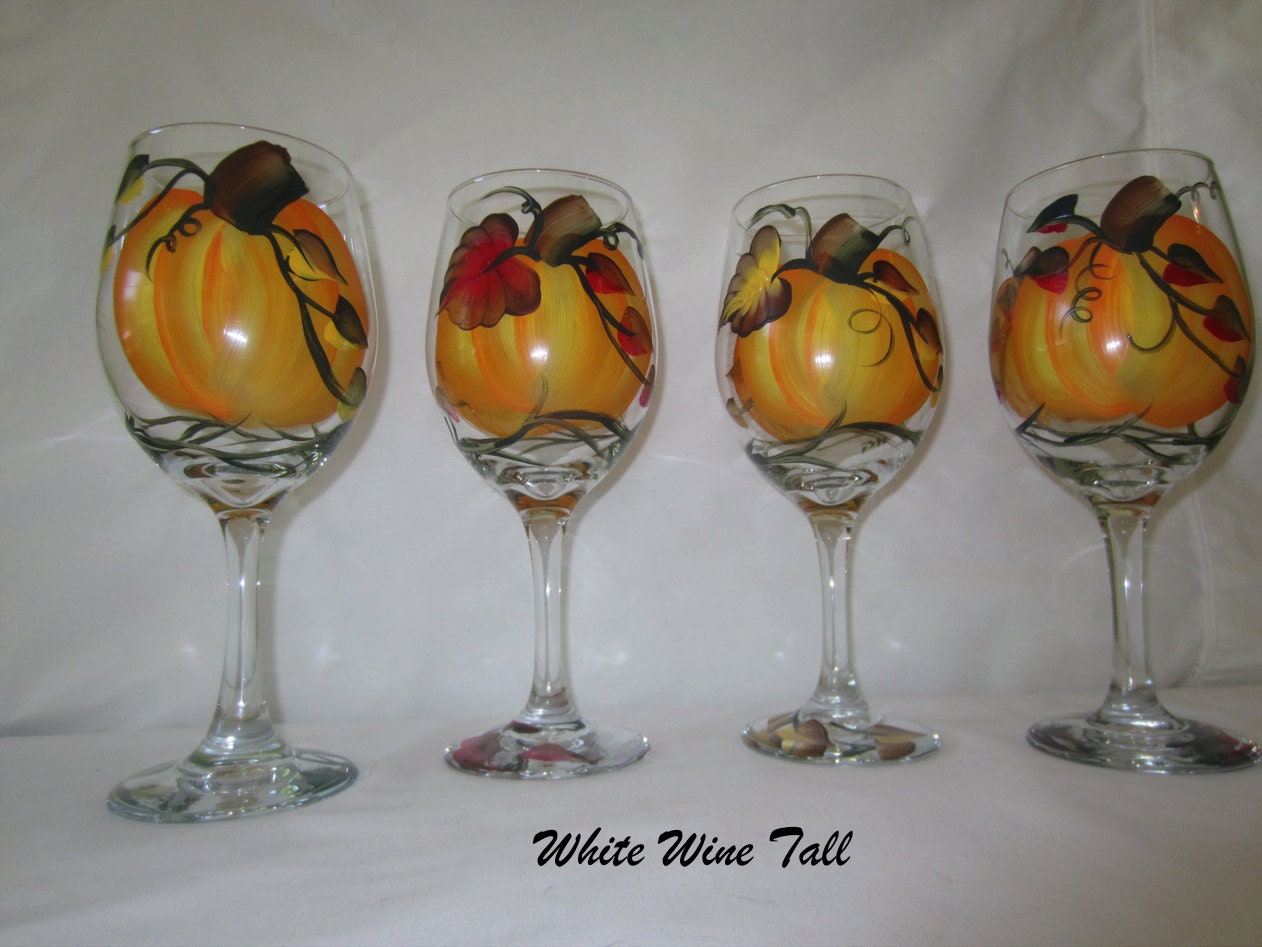 Pumpkin and Fall Leaves Hand Painted Wine Glasses-Set of 4-Autumn Wedding