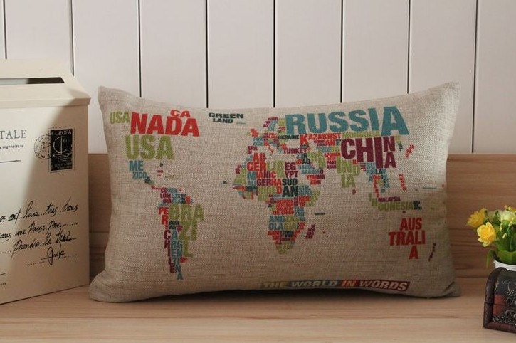 1 handmade linen world map colorful words printed home decor sofa decorative pillow cover / cushion case