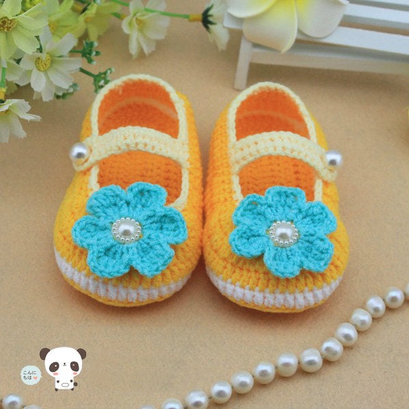 yellow Crochet Baby Booties baby shoes lovely girl booties, blue flowers newborn-12 months