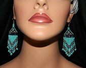 Native American Turqouise Dangle Beaded Earrings with Silver, Cranberry and Black
