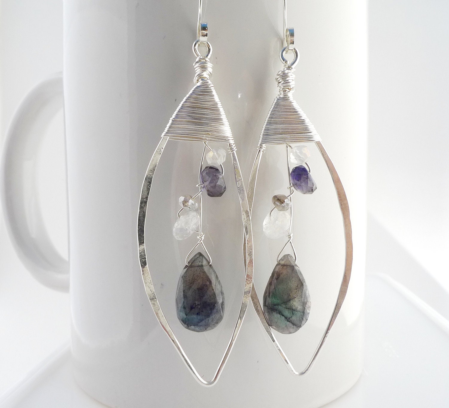 Flashy Blue Labradorite Rainbow Moonstone Iolite Sterling Silver Earrings