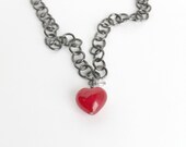 Necklace, Ruby Red Heart Necklace with Swarovski Crystal on Gunmetal Chain