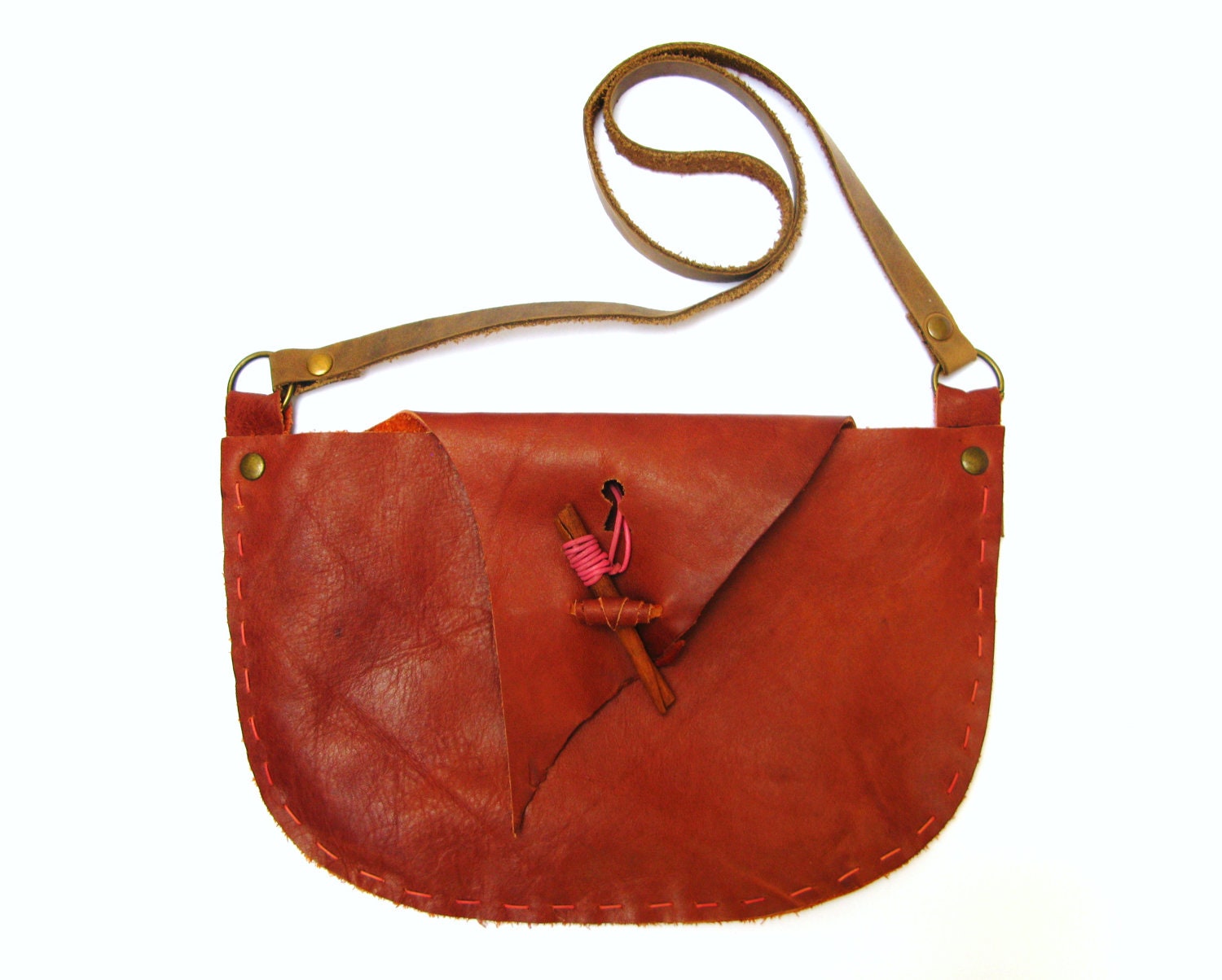 Autumn Fall, Hand Stitched Shoulder Bag Purse in Rusty Orange Leather with Cinnamon Stick Closure,OOAK - askidas