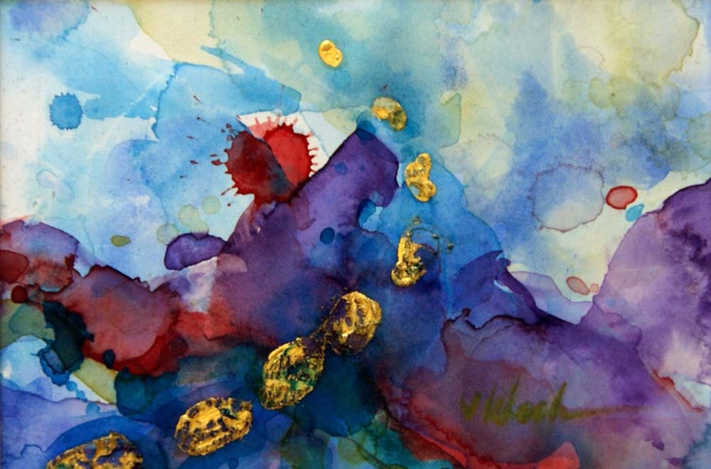Original modern art abstract, gold leaf foil, olive green, purple, blue, red with white mat, 4.5 x 6.5, Titled Three, by Victoria Kloch