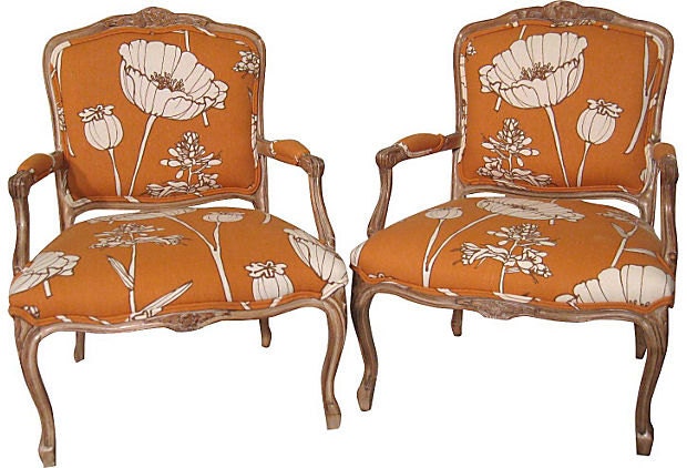 Orange  Poppyfield French Bergere Chairs Pair Modern Chic Vintage Robins-Egg Aqua