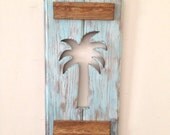 Palm Tree Wall Hanging made from Reclaimed Wood - Light Blue