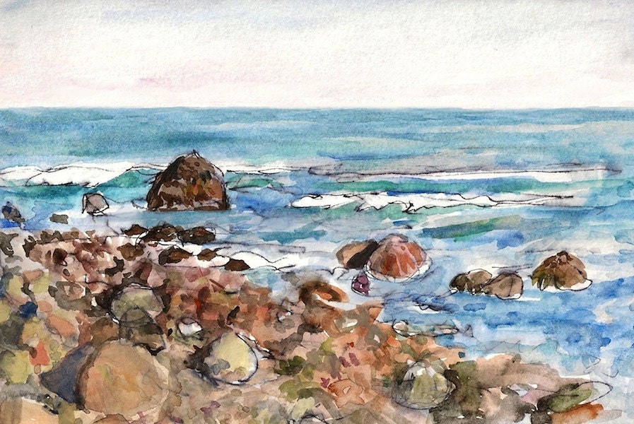 Ocean seascape, landscape fine art print 8x10 Little Compton Rhode Island, Blue Green Orange - amostroutstudio