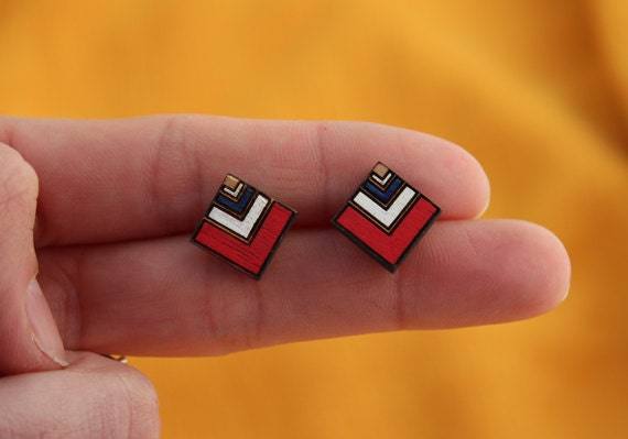 Wood laser cut earrings studs - chevron, red, navy blue and white - diamond or square