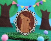 Laser cut wood brooch, Adorable little bunny rabbit cameo, handpainted white border