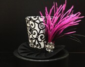 Black White and Pink Mad Hatter Mini Top Hat. Great for Birthday Parties, Tea Parties, Photo Prop, Girls Night Out and Much More...
