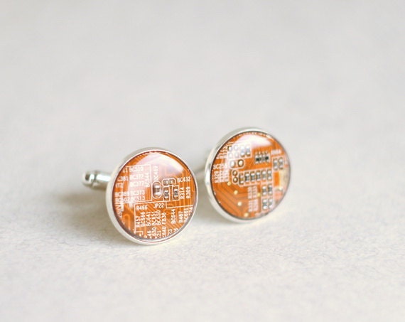Orange Cuff Links - Computer Circuit Board Accessory - Geeky Electronic Jewelry For Best Man or Groomsmen