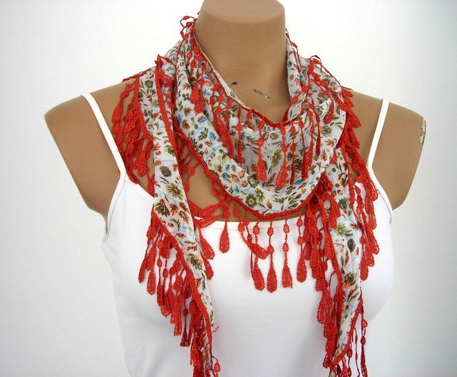 Flowered Cotton Woman Scarf Cowl Shawl Orange Blue Green Salmon