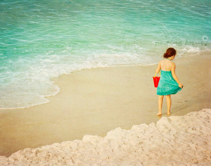 Girl at Beach Photo, Portrait Art Princess Amelia Childrens Room Decor, Red Bucket Dreamy Aqua Blue Sea Tan Sand, 11x14 Coastal Photography
