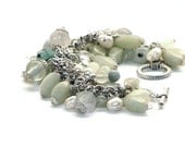 Sage and Teal Beaded Charm Bracelet, Freshwater Pearls, Opals, Silver, Gemstone Beaded Bracelet, Sage Beach