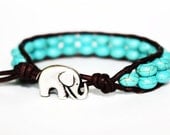 Elephant Bracelet, Leather Beaded Wrap Bracelet 1x, Elephant Jewelry, Turquoise Blue, Boho Chic, Bohemian, Good Luck