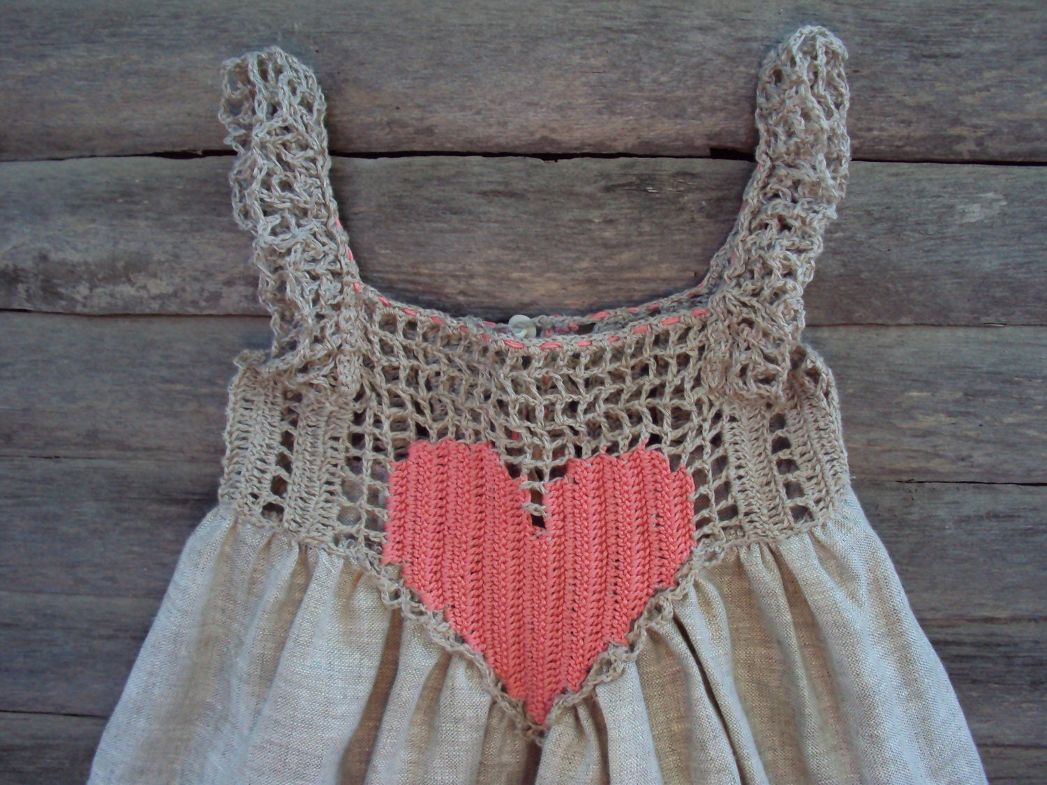 Organic, Hand Crocheted Baby Love Sundress./crochet baby linen dress/rustic baby sundress