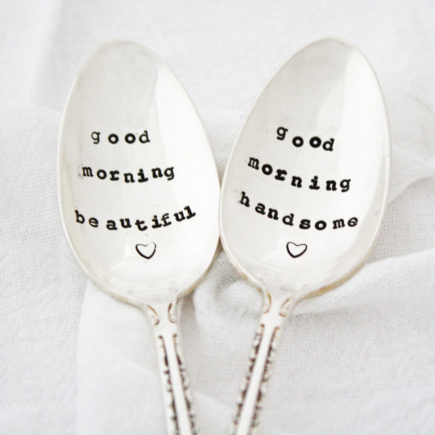 Good Morning Beautiful and Handsome set: hand stamped spoons. Unique engagement gift, READY TO SHIP