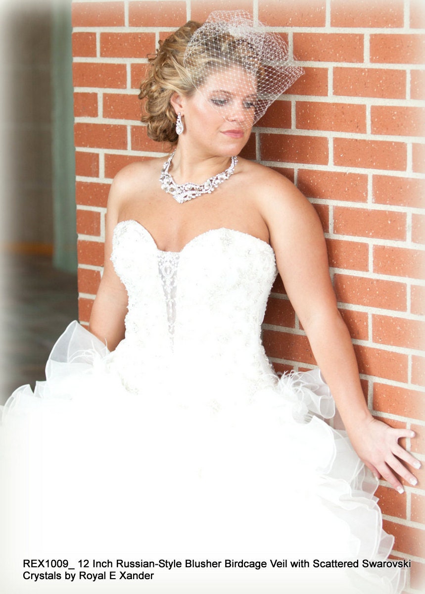 12 inch Russian-Style Blusher Birdcage Veil Adorned with Scattered Swarovski Crystals Wedding Veil