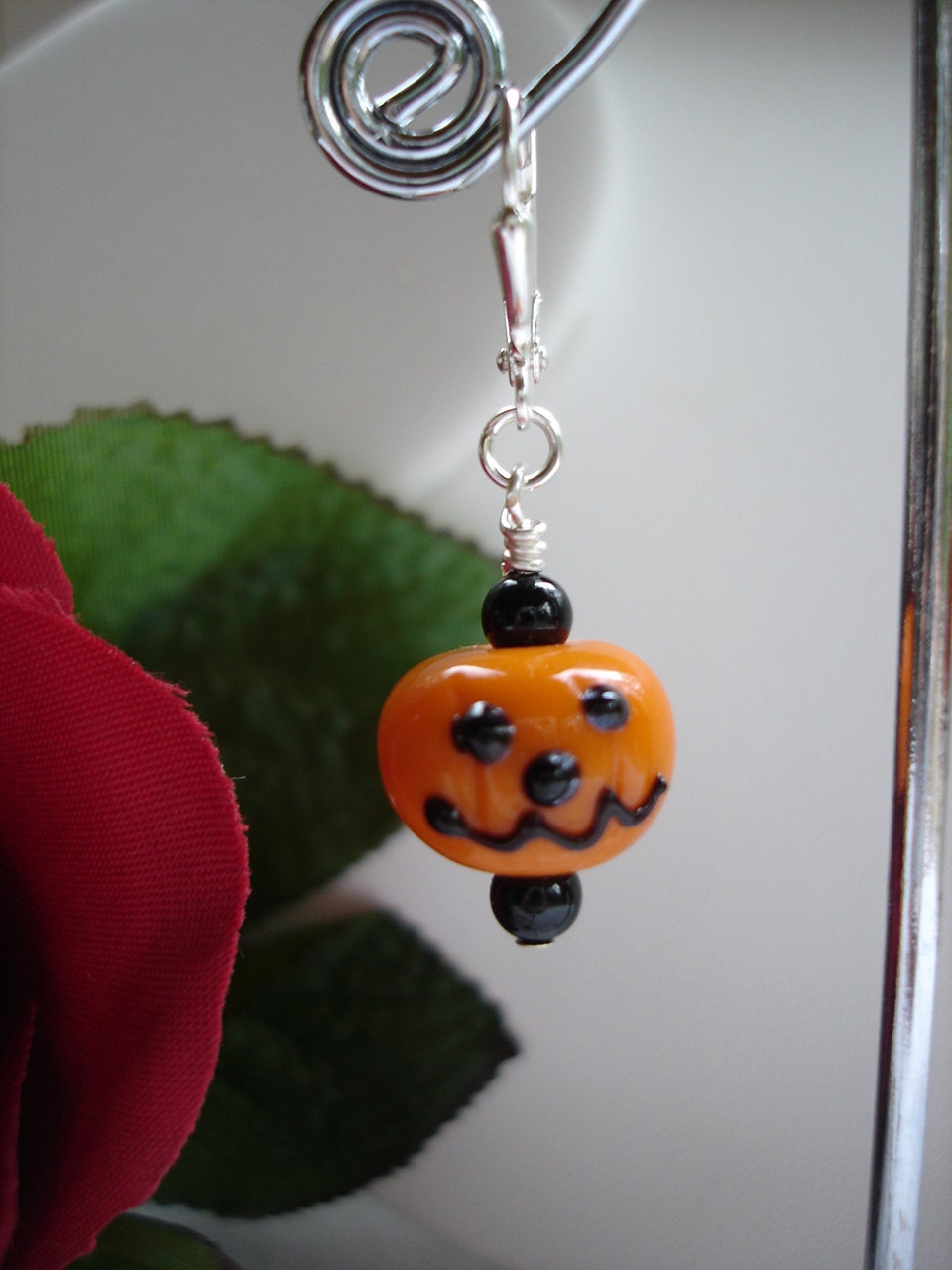 Glass Pumpkin and Black Jade Leverback Earrings