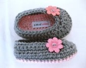 Easter Baby Infant Girl Shoes / Slippers / Booties - Pink & Grey, Flower - YOUR choice size - (newborn - 12 months) - photo prop - clothing