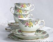 Lovely minty tea cup, saucer and plate with floral pattern from Colclough: a great tea set for a vintage tea party