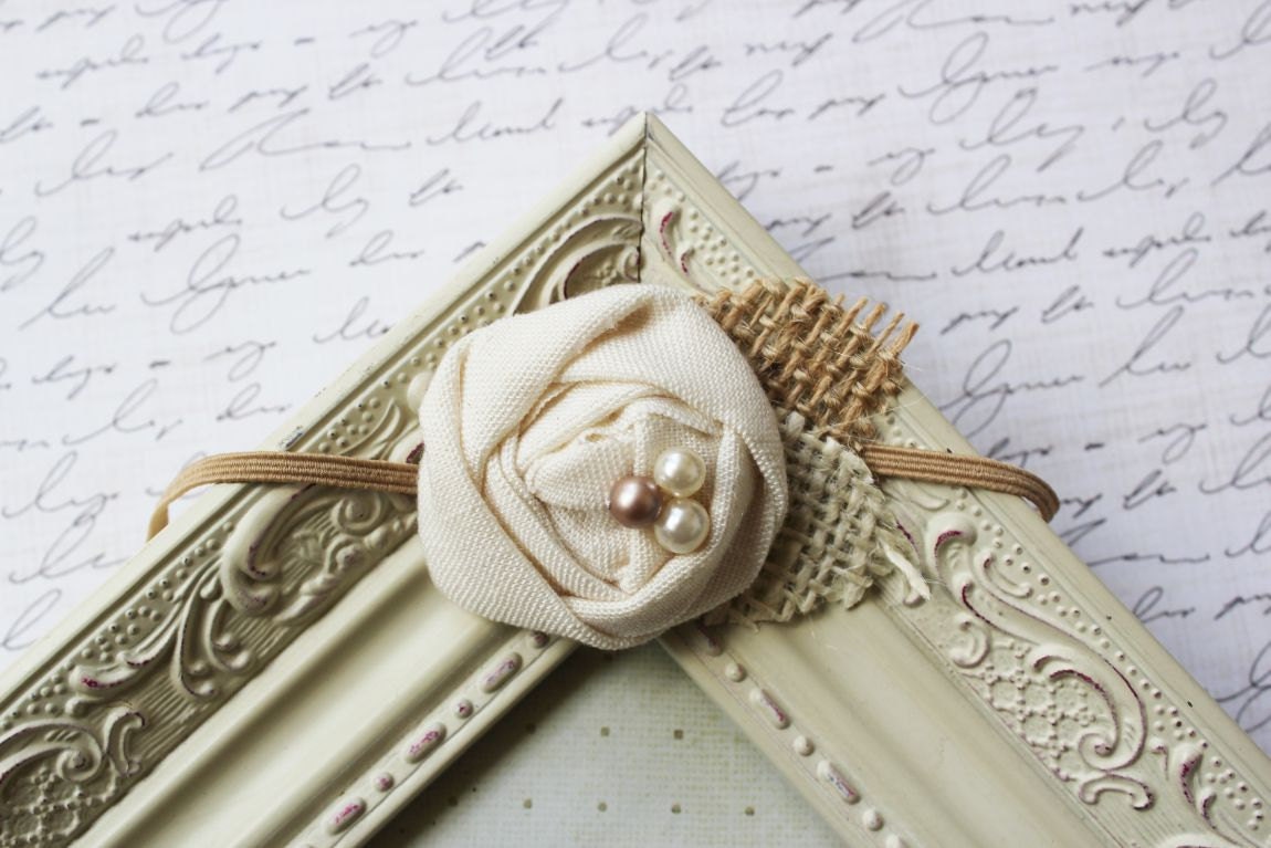 Vintage Linen and Burlap Headband, baby headbands, cream headbands, flower headbands, photography prop, rosette headbands, burlap headbands