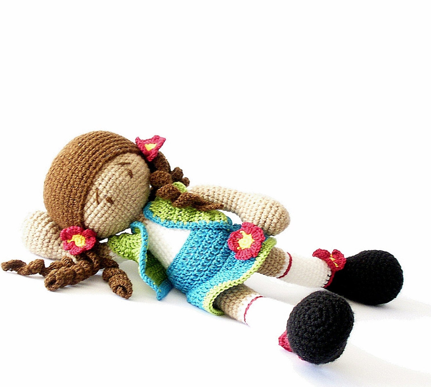 Crocheted Doll with Turquoise Skirt and Green Jacket Crocheted Toy